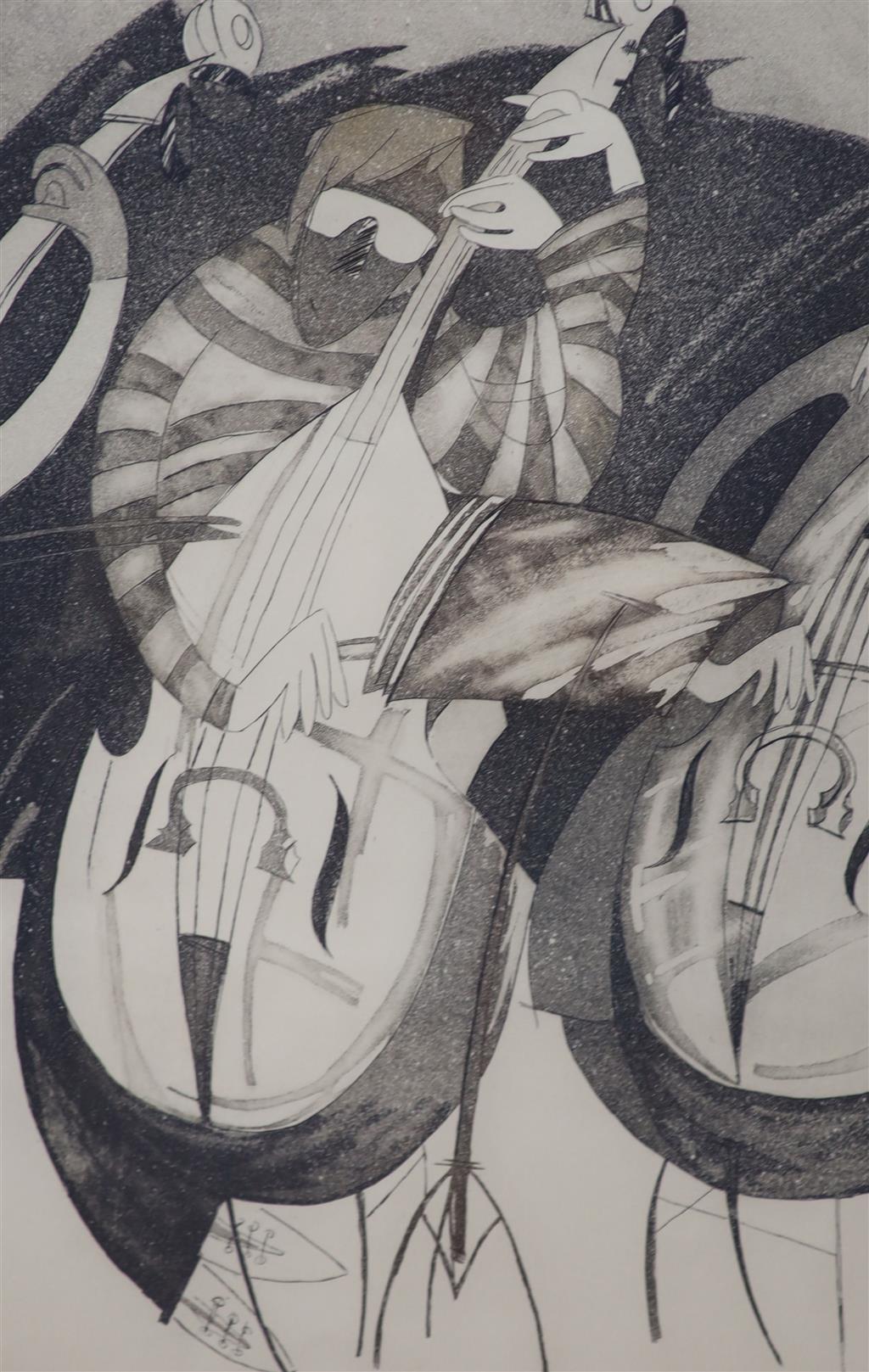 Julie Midgley (1948-), artist proof print, Cellist, signed in pencil, 42 x 29cm